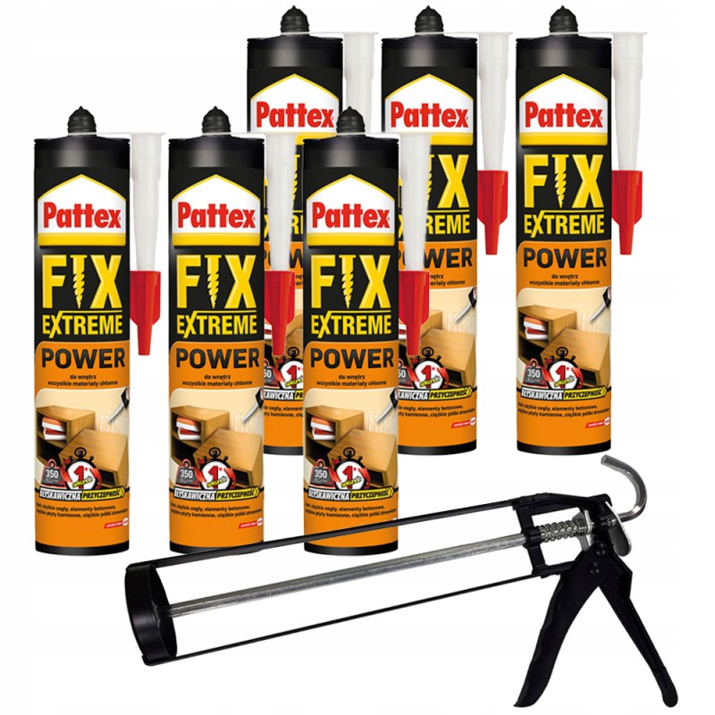 6x Klej montażowy Pattex Fix Extreme Power 385g + wyciskacz szkieletowy do kleju