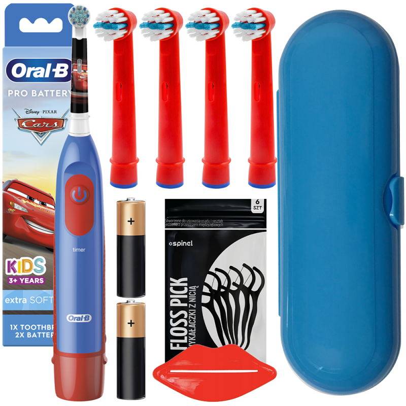 Szczoteczka Oral-B Advance Auta + zam Kids Red x4 + Etui "O" Niebieskie + wyciskacz + wykałaczki