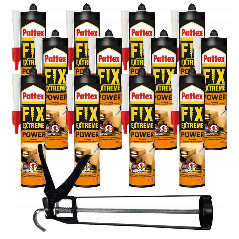 Klej montażowy Pattex Fix Extreme Power 385g x 12 + pistolet do kartuszy