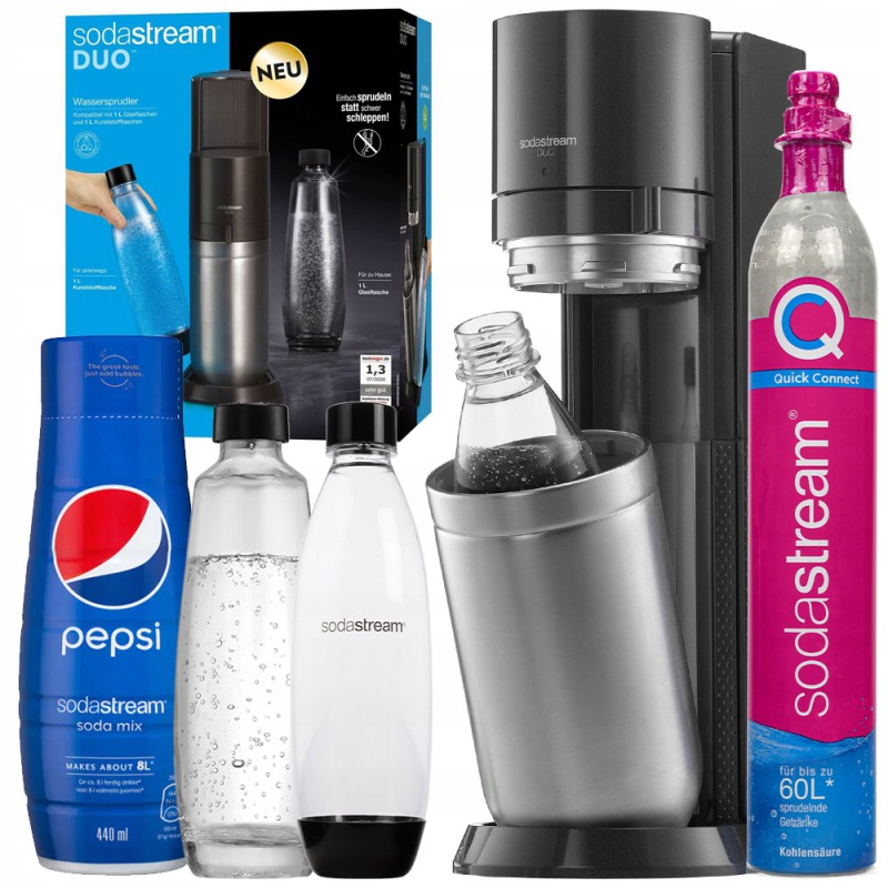 Saturator SodaStream Duo Titan 2 butelki + nabój Quick Connect (osobno) + syrop pesi