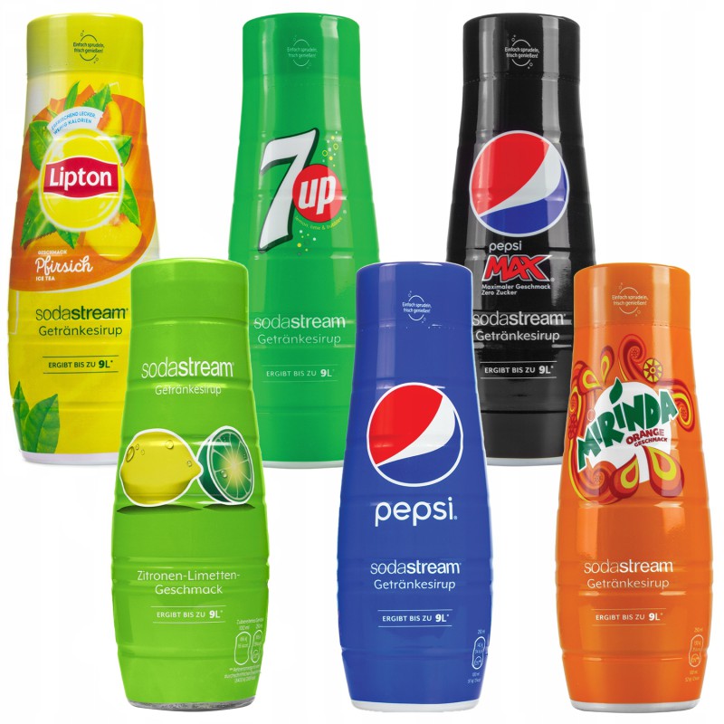 6x Syrop SodaStream Pepsi, Pepsi MAX, Mirinda, 7UP,Cytryna Limonka,Lipton Ice Tea Brzoskwinia 440 ml