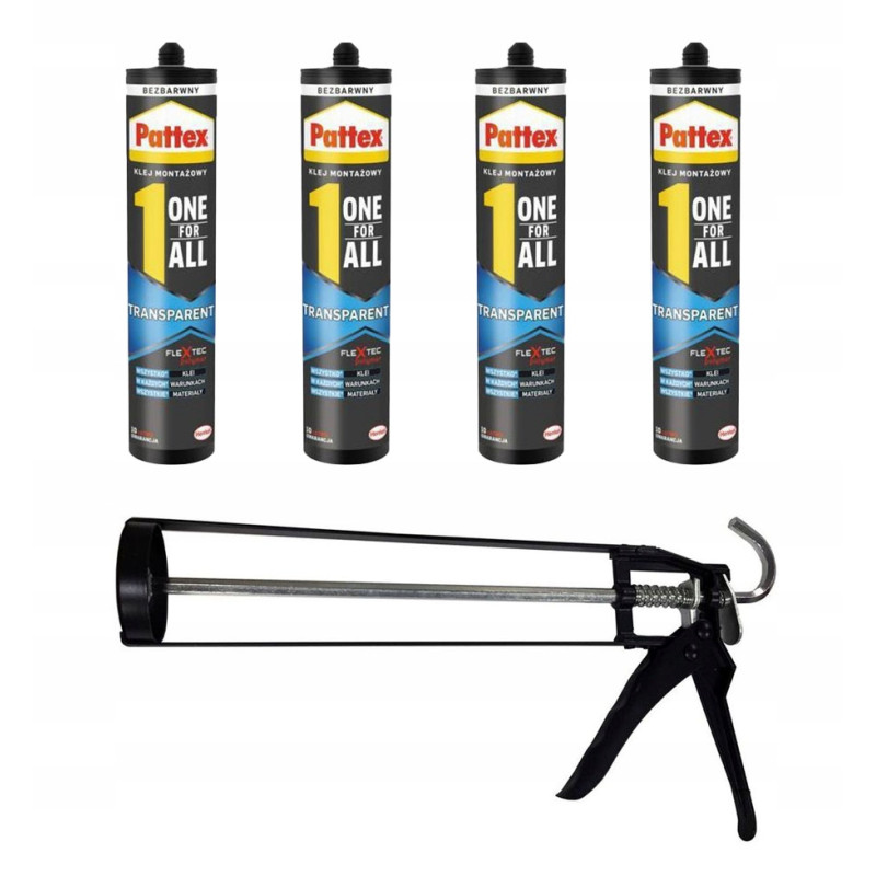 6x Klej montażowy Pattex One4All Transparent 290g + wyciskacz szkieletowy do kleju 6x Klej montażowy Pattex One4All Transparent 290g + wyciskacz szkieletowy do kleju