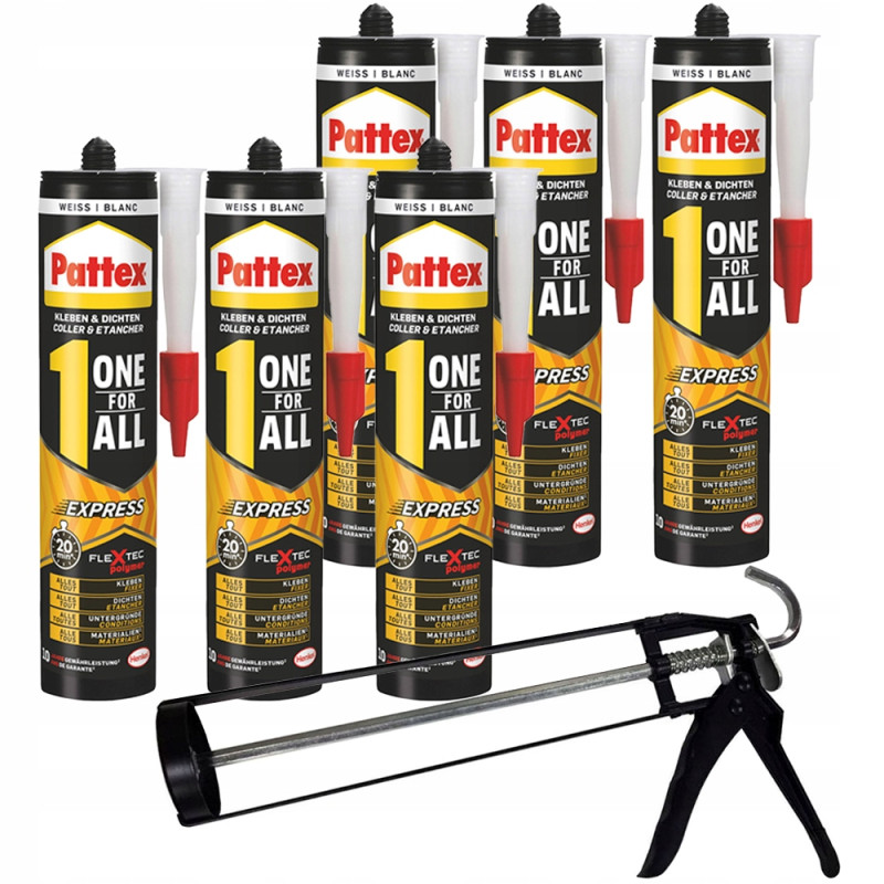 6x Klej montażowy Pattex One4All Express 390g + wyciskacz szkieletowy do kleju 6x Klej montażowy Pattex One4All Express 390g + wyciskacz szkieletowy do kleju