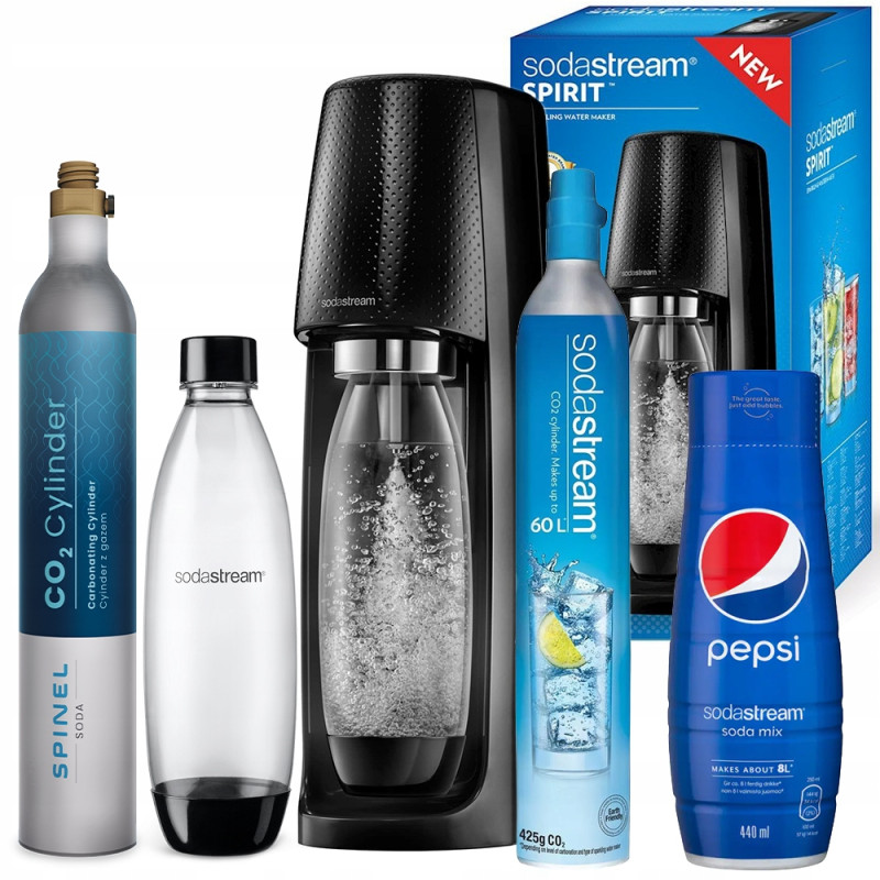 Saturator SodaStream Spirit Easy Czarny jedna butelka + Nabój Spinel Soda + syrop Pepsi 440ml Saturator SodaStream Spirit Easy Czarny jedna butelka + Nabój Spinel Soda + syrop Pepsi 440ml
