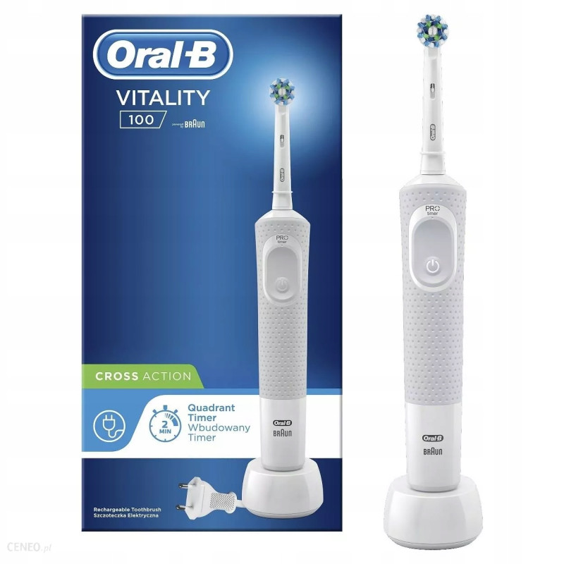 Szczoteczka Oral-b Vitality 100 Biała + 4 prec + etui białe + podstawka z klapką Szczoteczka Oral-b Vitality 100 Biała + 4 prec + etui białe + podstawka z klapką