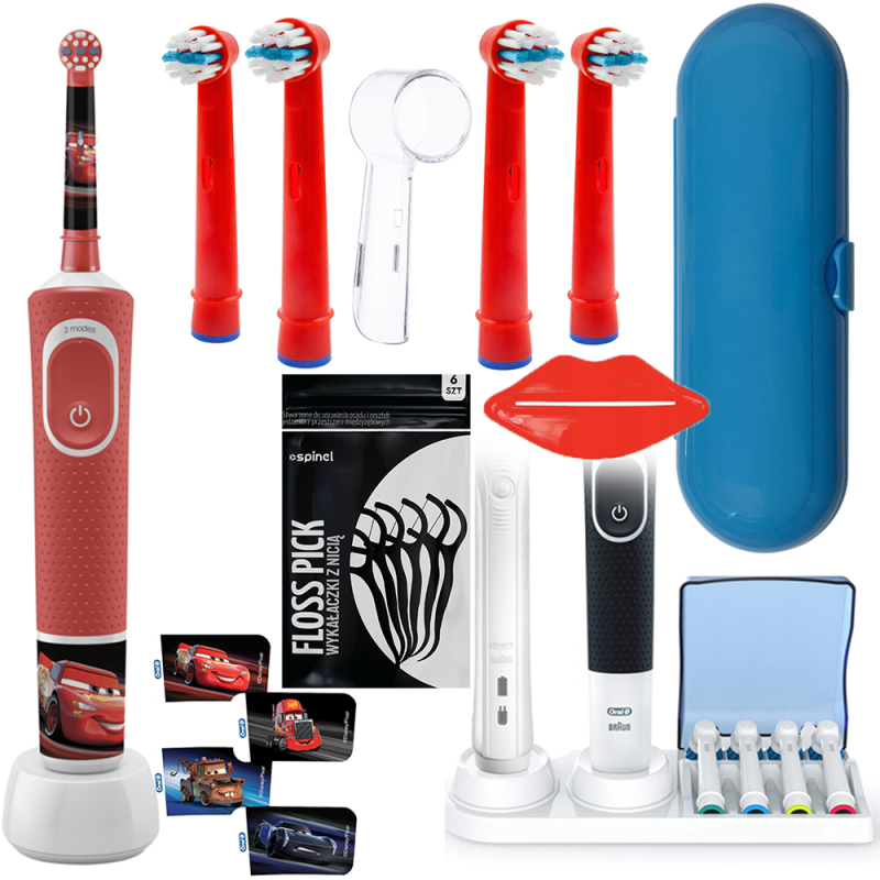 Oral-B Vitality 100 Auta Cars+ 4 zam. red kids+ etui niebieskie + osłonka + podstawka z klapką