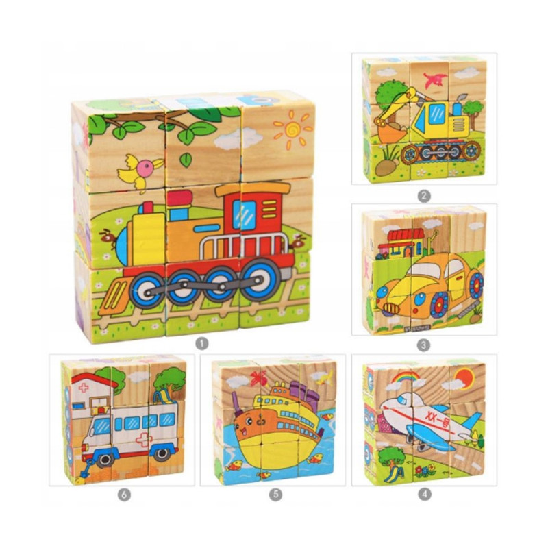 Układanka pojazdy 9 el. klocki drewniane
