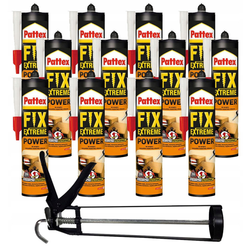 Klej montażowy Pattex Fix Extreme Power 385g x 12 + pistolet do kartuszy Klej montażowy Pattex Fix Extreme Power 385g x 12 + pistolet do kartuszy