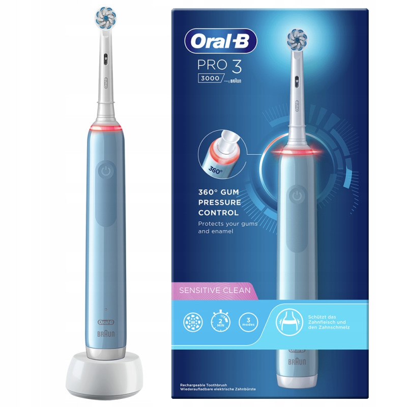 Szczoteczka Oral-B Pro 3 3000 Sensitive Clean Niebieska + 4 zam. precision + etui Szczoteczka Oral-B Pro 3 3000 Sensitive Clean Niebieska + 4 zam. precision + etui
