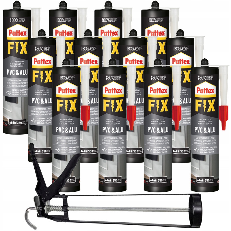 12x Klej Pattex Fix PVC&ALU 440g Biały + wyciskacz szkieletowy 12x Klej Pattex Fix PVC&ALU 440g Biały + wyciskacz szkieletowy