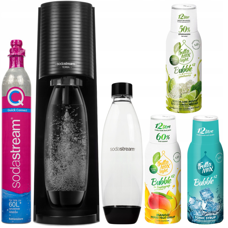 Saturator SodaStream Terra Black jedna butelka+FruttaMax TONIC 500 ml+LIMONKA MIĘTA BEZ LIGHT 500ml+MANGO LIGHT 500ml Saturator SodaStream Terra Black jedna butelka+FruttaMax TONIC 500 ml+LIMONKA MIĘTA BEZ LIGHT 500ml+MANGO LIGHT 500ml
