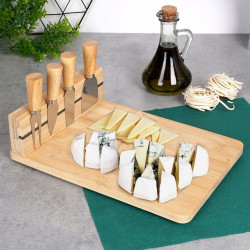 DESKA BAMBUSOWA DO KROJENIA SERWOWANIA SERÓW + 4 STALOWE NOŻE DO SERA