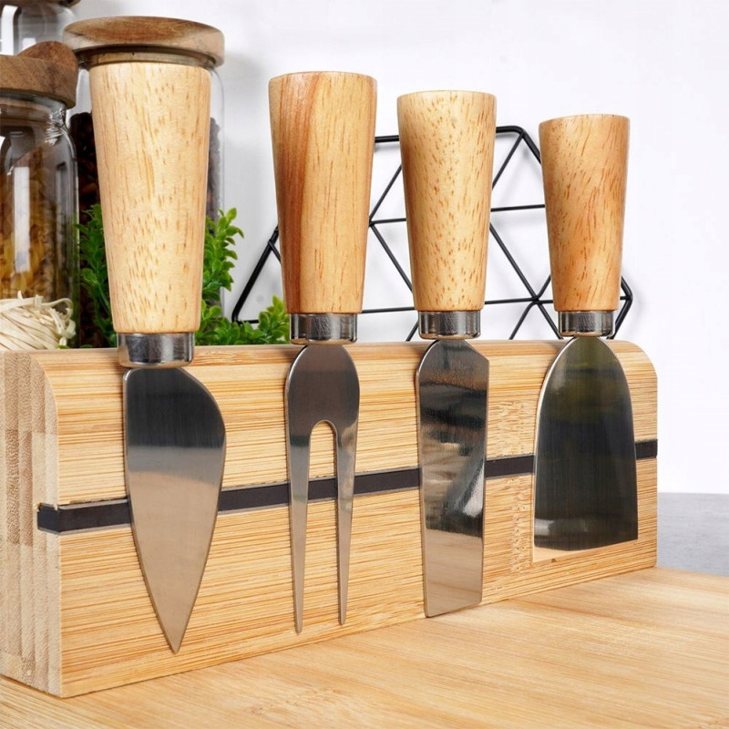 DESKA BAMBUSOWA DO KROJENIA SERWOWANIA SERÓW + 4 STALOWE NOŻE DO SERA