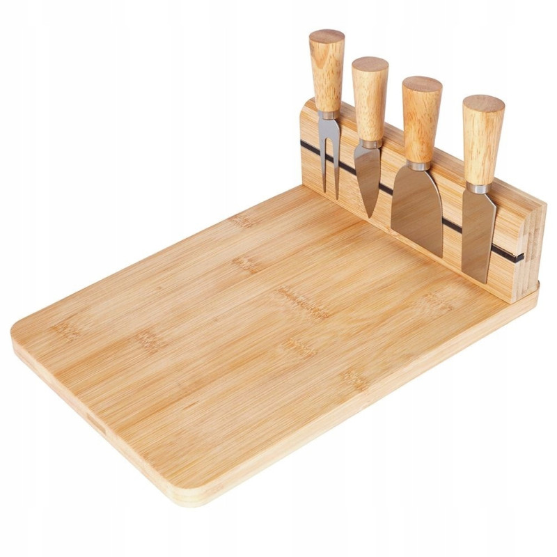 DESKA BAMBUSOWA DO KROJENIA SERWOWANIA SERÓW + 4 STALOWE NOŻE DO SERA