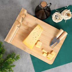 DESKA BAMBUSOWA DO KROJENIA SERWOWANIA SERÓW + 4 STALOWE NOŻE DO SERA
