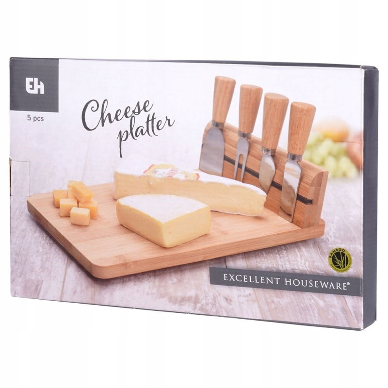 DESKA BAMBUSOWA DO KROJENIA SERWOWANIA SERÓW + 4 STALOWE NOŻE DO SERA