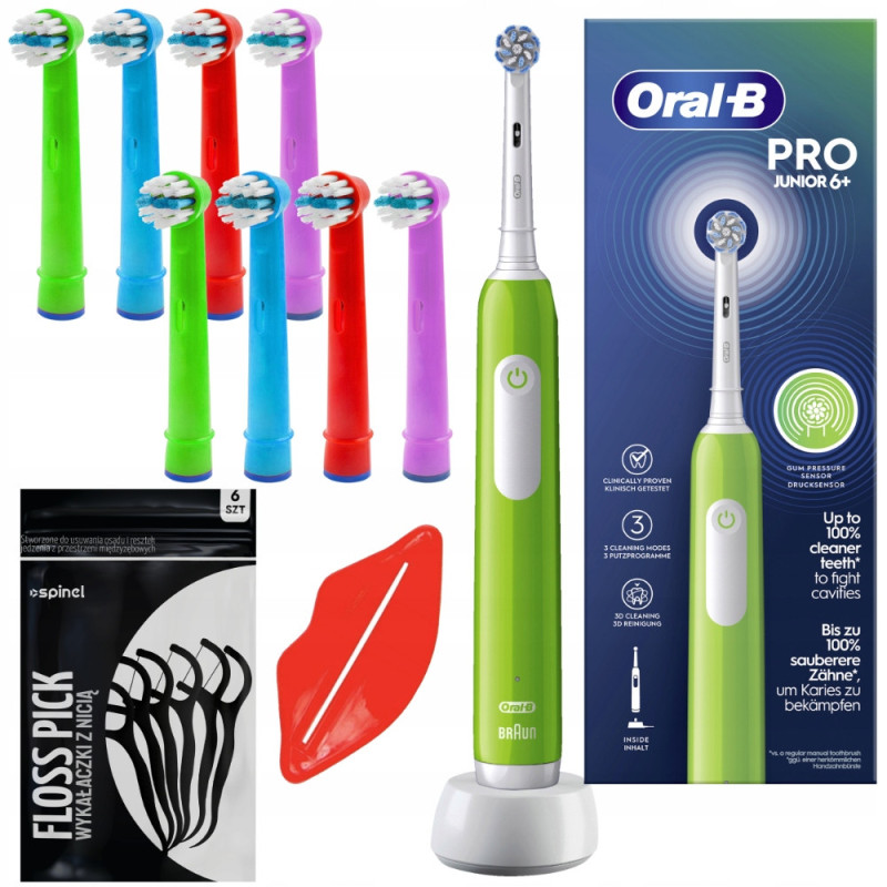 Szczoteczka Oral-b Pro Junior 6+ Zielona + 8x końcówka zamienna EB-10A Color