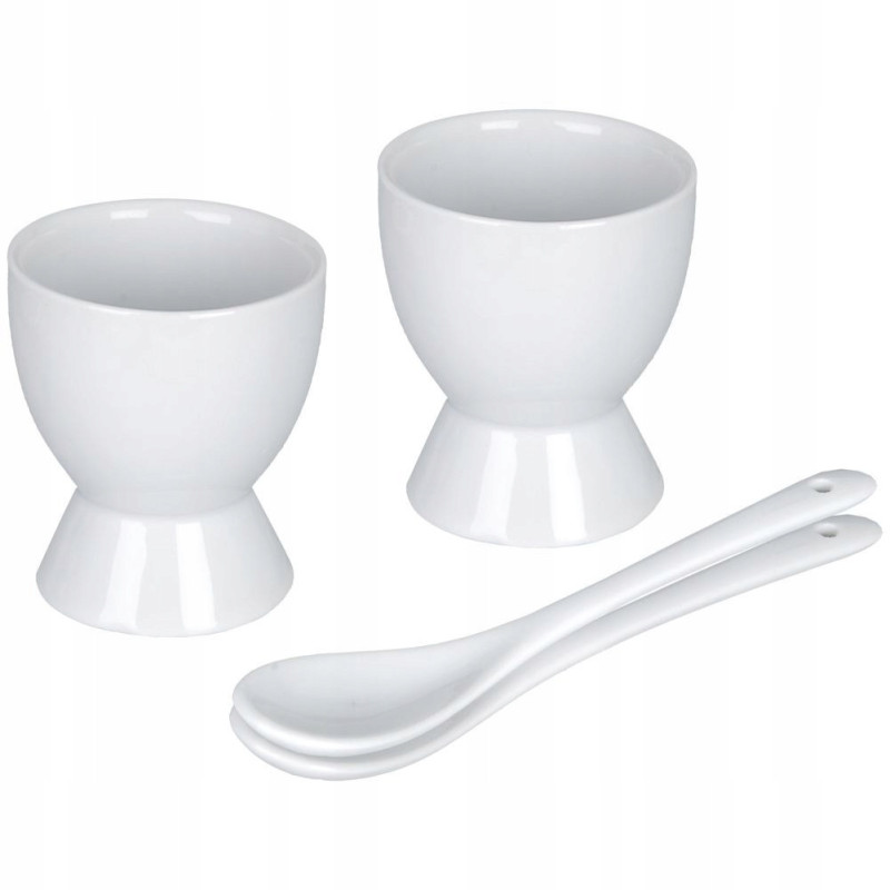 PODSTAWKI NA JAJKO Z ŁYŻECZKAMI PORCELANOWE BIAŁE 2 SZTUKI ZESTAW