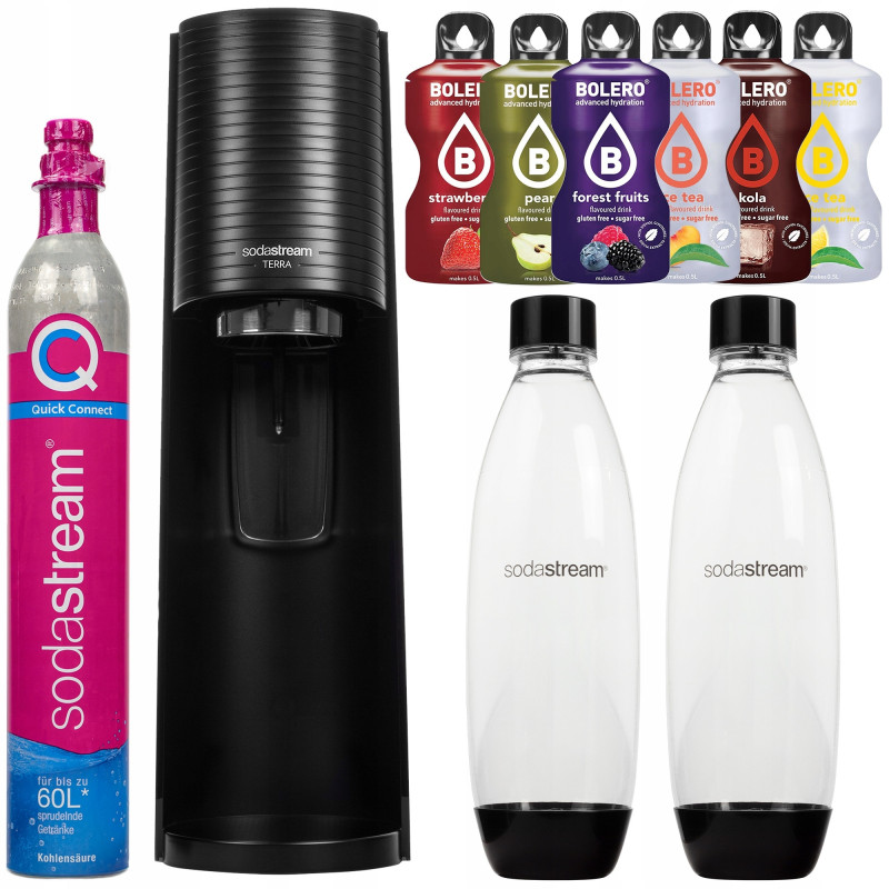 Saturator SodaStream Terra Black jedna butelka + Butelka SodaStream Czarna (dek) + Bolero