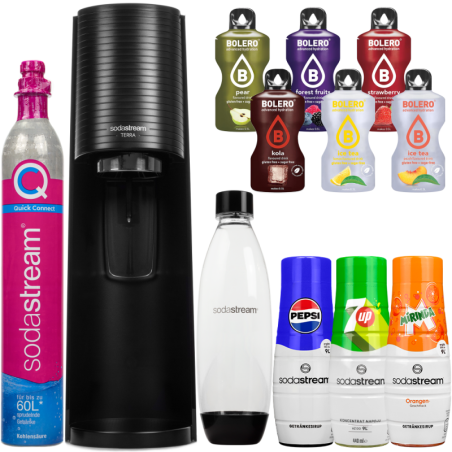Saturator SodaStream Terra Black jedna butelka + Pepsi + Mirinda + 7up + Bolero 6szt.