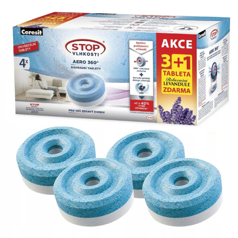 4x tabletka pochłaniacz Ceresit 450g 1xlawenda 3x zwykła + Urządzenie niebieskie Pochłaniacz Ceresit Aero 360
