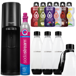 Saturator SodaStream Terra Black jedna butelka + Butelki SodaStream 1L Fuse Dwupak Czarne + Smycz do butelki Spinel + Bolero
