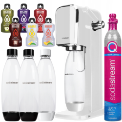 Saturator SodaStream Art Biały 1 butelka + Butelki SodaStream 1L Fuse Dwupak Czarne + bolero