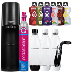Saturator SodaStream Terra Black jedna butelka + Butelki SodaStream 2x1L Fuse White + Smycz do butelki Spinel + Bolero