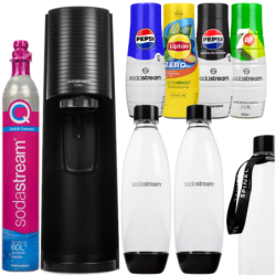 SodaStream Terra Black jedna butelka + 1 butelka + 4 syropy (Pepsi, Pepsi Max, 7up, Lipton Brzoskwinia ZERO) + smycz Spinel