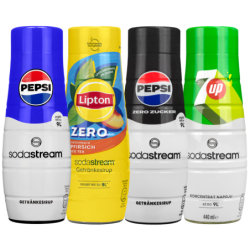 SodaStream Terra Black jedna butelka + 1 butelka + 4 syropy (Pepsi, Pepsi Max, 7up, Lipton Brzoskwinia ZERO) + smycz Spinel