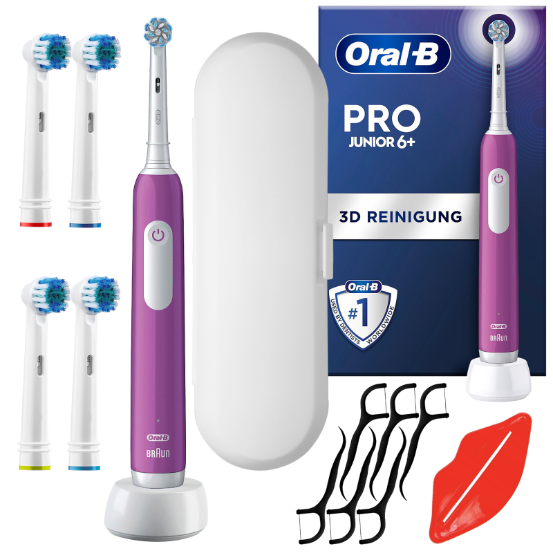 Szczoteczka Oral-B Pro Junior 6+ Fioletowa + Etui białe + Końcówka zamienna Precision x4 + wyciskacz + wykałczki 6x