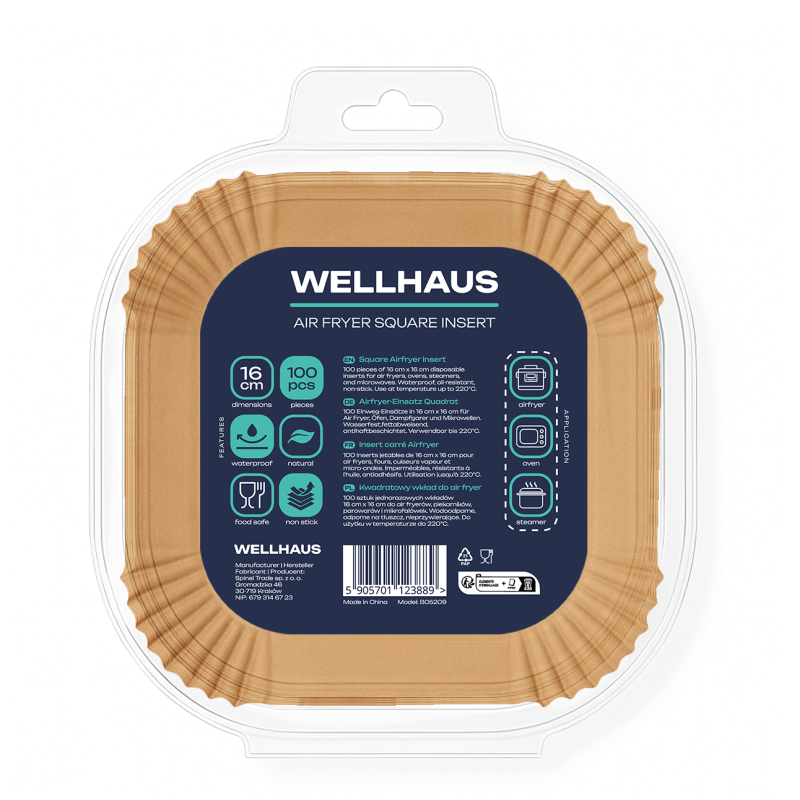 WELLHAUS Wkład do frytkownicy Air Fryer Kwadrat 16x16 cm x100sztuk
