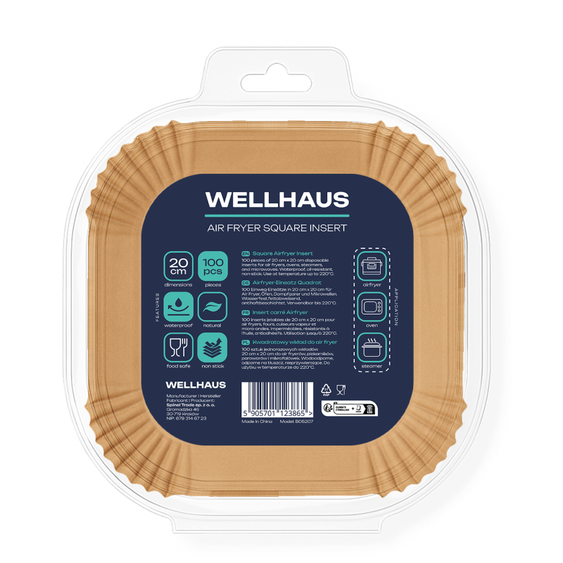 WELLHAUS Wkład do frytkownicy Air Fryer Kwadrat 20x20 cm x100sztuk