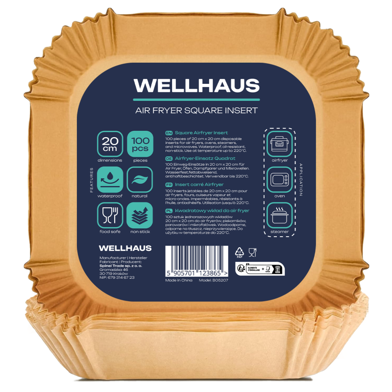WELLHAUS Wkład do frytkownicy Air Fryer Kwadrat 20x20 cm x100sztuk