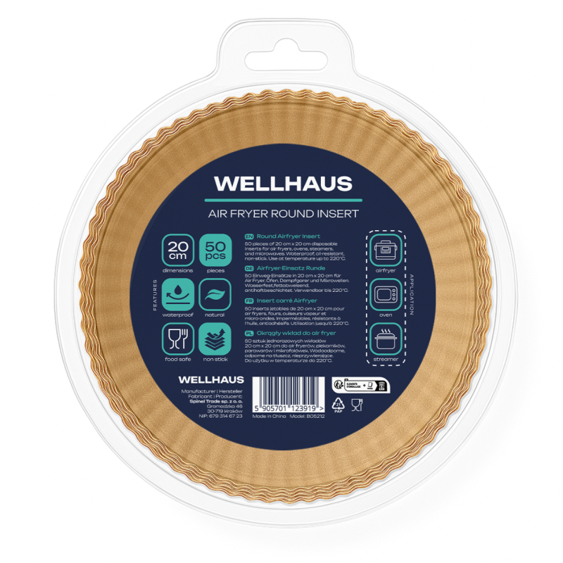 4x WELLHAUS Wkład do frytkownicy Air Fryer Okrągły 20cm x50sztuk