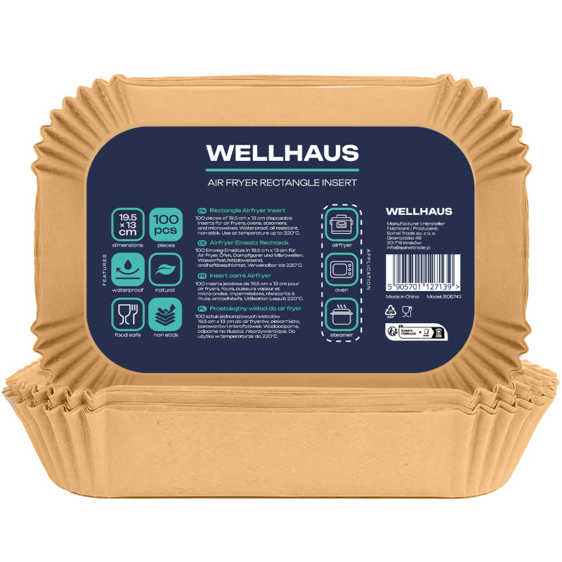 WELLHAUS Wkład do frytkownicy Air Fryer Prostokąt 19,5x13cm x100 sztuk