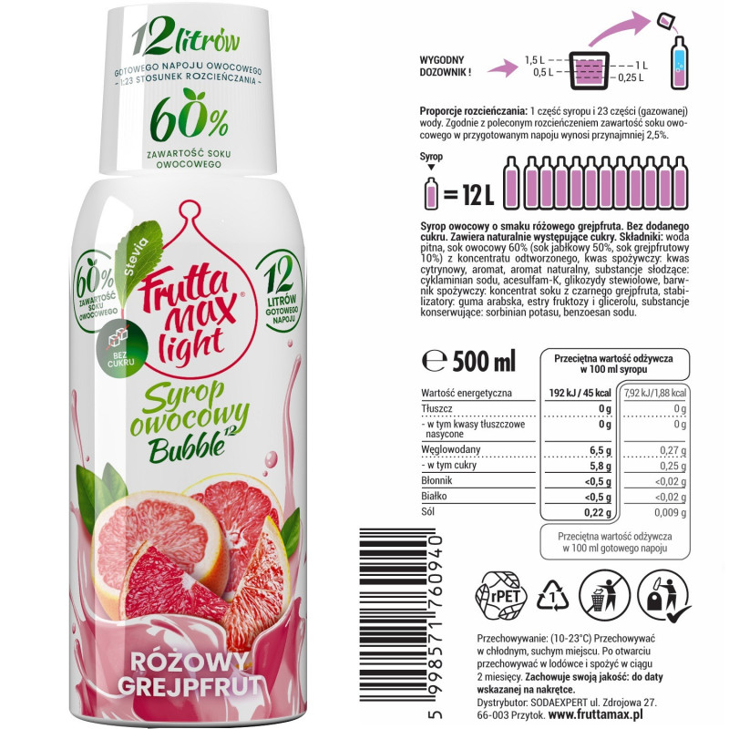 Syrop FruttaMax GREJPFRUT RÓŻOWY LIGHT 500ml