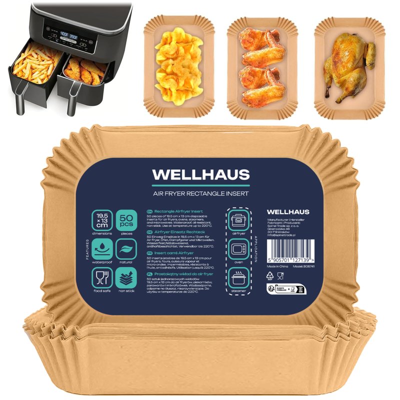 2x WELLHAUS Wkład do frytkownicy Kwadrat 20x20 cm x50sztuk + Prostokąt 19,5x13cm x50 sztuk