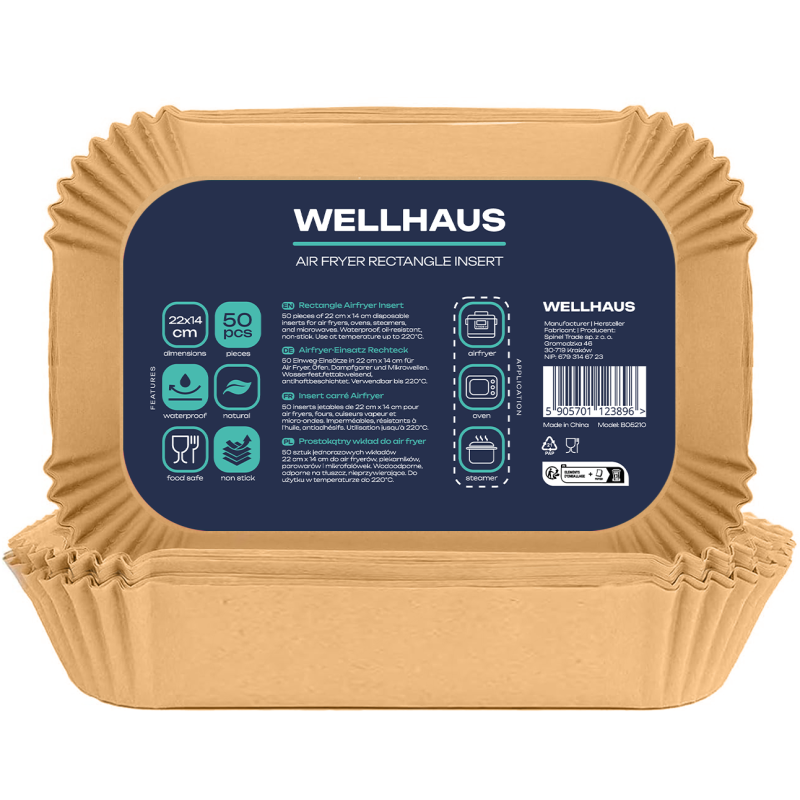 WELLHAUS Wkład do frytkownicy Air Fryer Prostokąt 22x14 cm x50sztuk
