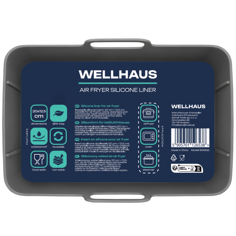 Wkład silikonowy do airfryer WELLHAUS 20 cm x 12,5 cm prostokątny szary