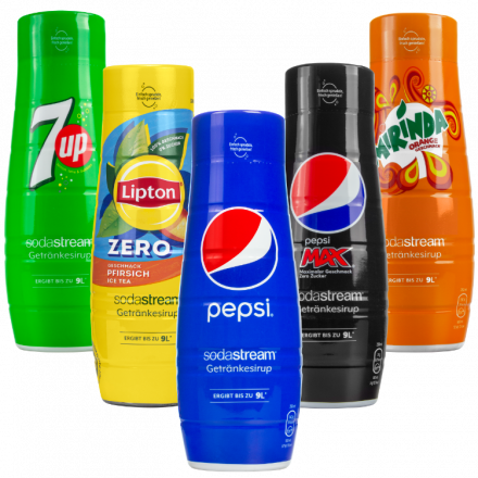 5x Syrop SodaStream Pepsi, Pepsi MAX, Mirinda, 7UP, Lipton Brzoskwinia zero